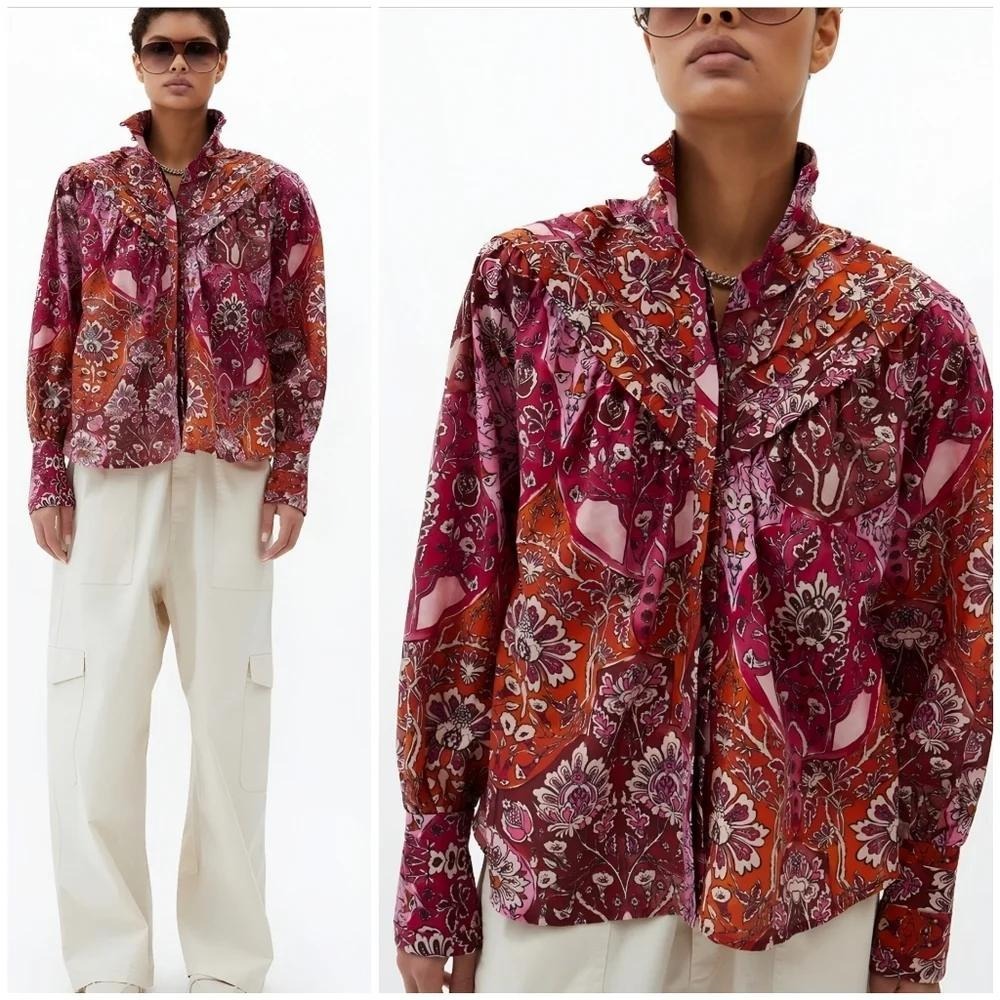 Mariacher Cotton Silk Ruffle Blouse Top Size Small Pink Orange Paisley Boho